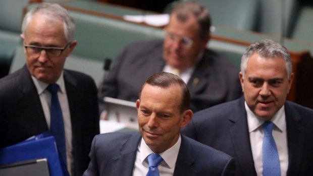 Malcolm Turnbull with then prime minister Tony Abbott, and then treasurer Joe Hockey.