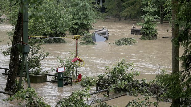 Floodwaters sweep through the Eifel Zoo on Friday prompting the great escape. 