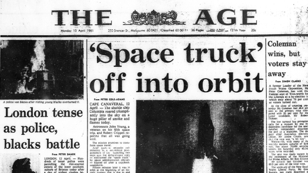 The front page of The Age on Monday, April 13, 1981.