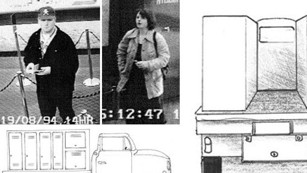 A man and woman who tried to exchange cash stolen in a 1994 robbery; and a truck used in the heist.