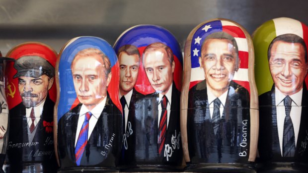 Russian Matryoshka dolls representing world leaders, past and present, including Russian President Vladimir Putin and US President Barack Obama.