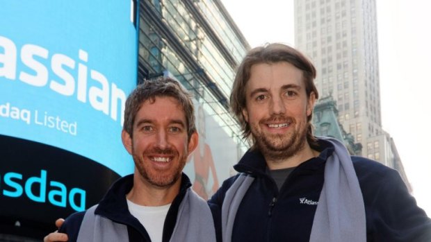 Atlassian co-founders Scott Farquhar (left) and Mike Cannon-Brookes in Times Square following the opening bell ringing ceremony.