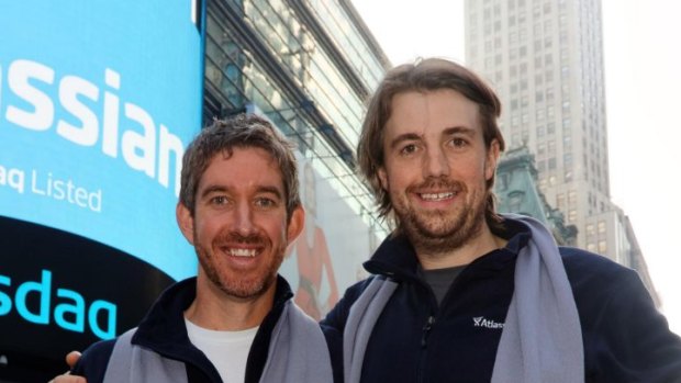 Atlassian co-founders Scott Farquhar (left) and Mike Cannon-Brookes in Times Square following the opening bell ringing ceremony.