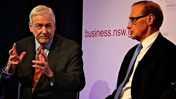 Sharing the stage: Conrad Black, left, and Bob Carr discuss a range of issues at the Opera House's Public Knowledge Forum.  