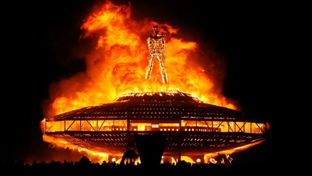 'Man' burns on the Black Rock Desert at Burning Man near Gerlach, Nevada in 2013.
