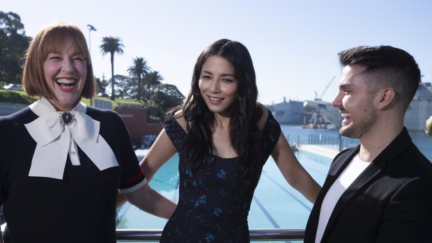 Kimberly Gardner, Jessica Gomes and Johnny Schembri at the David Jones Spring Summer 18 show model casting at the Andrew Boy Charlton Pool on Wednesday.