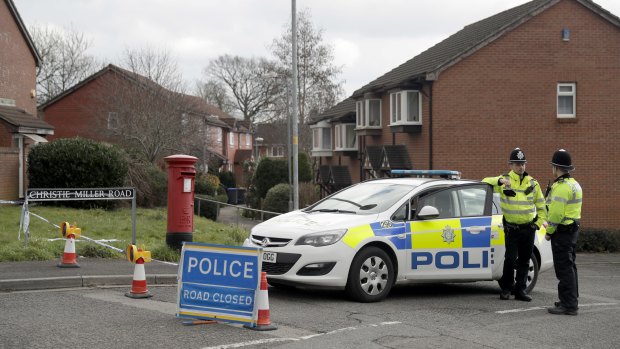 Police cordon off the road of the residence of former Russian double agent Sergei Skripal in Salisbury in March. 