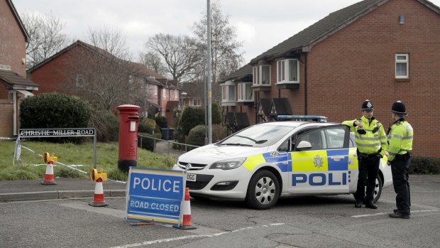 Police cordon off the road of the residence of former Russian double agent Sergei Skripal in Salisbury in March. 