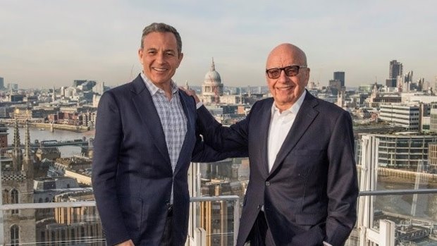 Walt Disney chief executive Bob Iger (left) and Fox owner Rupert Murdoch. Walt Disney Co. announced 14 December 2017 it will purchase 21st Century Fox's businesses containing Sky Television of which Fox owns 39 per cent and entertainment activities of 20th Century Fox film studios in a deal valued at $US52.4 billion in stock, and the total transaction being valued at some $US66.1 billion.