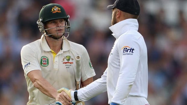 Australia's Steve Smith (left) is congratulated by England's Matt Prior on his unbeaten century on day two of the fifth Ashes Test at The Oval.