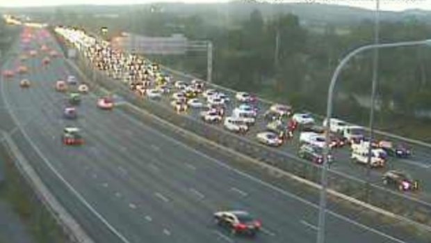 A north-facing traffic camera captured the bumper to bumper conditions on the M1 in Beenleigh about 5.20pm.