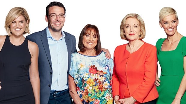 And then there were five: Studio 10's team until March (l-r): Sarah Harris, Joe Hildebrand, Denise Drysdale, Ita Buttrose and Jessica Rowe.