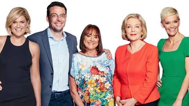 And then there were five: Studio 10's team until March (l-r): Sarah Harris, Joe Hildebrand, Denise Drysdale, Ita Buttrose and Jessica Rowe.