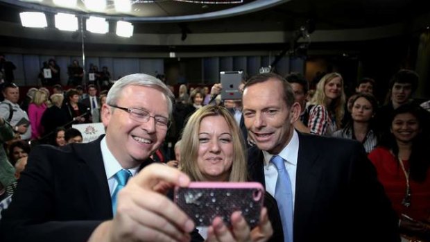 Nada Makdessi requested a selfie with Prime Minister Kevin Rudd and Opposition Leader Tony Abbott at the conclusion of the People's Forum at the Rooty Hill RSL in Sydney on Wednesday 28 August 2013. Election 2013.