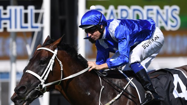 Champion: Hugh Bowman rides Winx to victory in the George Ryder Stakes.