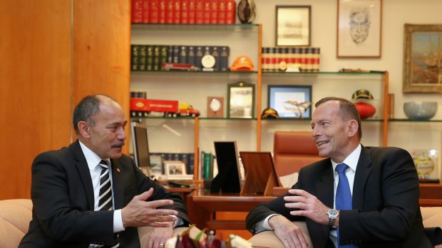 Prime Minister Tony Abbott meets with New Zealand Governor-General Lt Gen The Rt Hon Sir Jerry Mateparae, in his office at Parliament House in Canberra on Thursday.