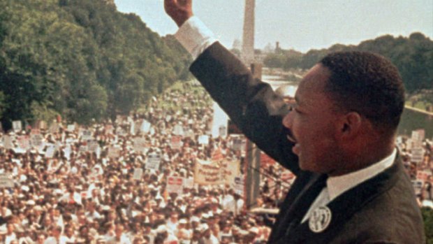Dr Martin Luther King jnr acknowledges the crowd at the Lincoln Memorial for his "I Have a Dream" speech  in 1963.
