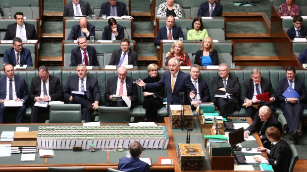 Prime Minister Malcolm Turnbull and his front bench during question time on Thursday.