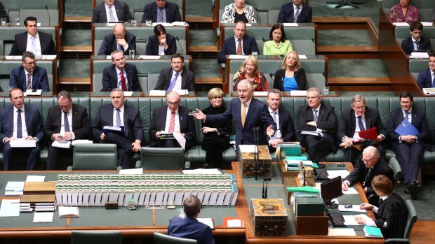 Prime Minister Malcolm Turnbull and his front bench during question time on Thursday.