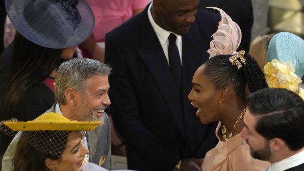 George and Amal Clooney greet Serena Williams and Alexis Ohanian before the wedding ceremony.