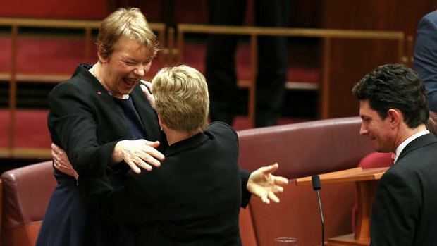 Senator Janet Rice is congratulated by Greens leader Senator Christine Milne after delivering her first speech. Photo: Alex Ellinghausen