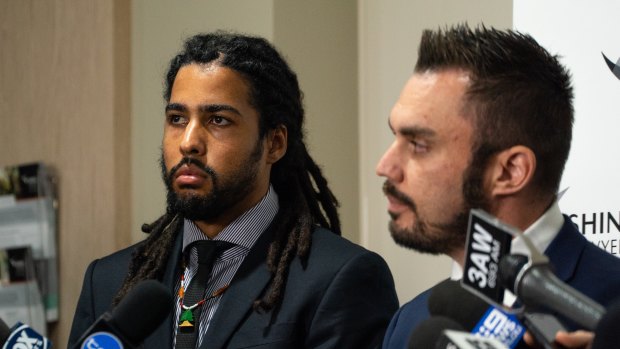 Joel Wilkinson (left) during a press conference in Melbourne on Thursday.