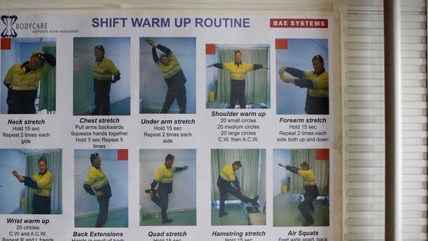 Warm up exercise guide for workers at BAE Systems in Williamstown, Melbourne.