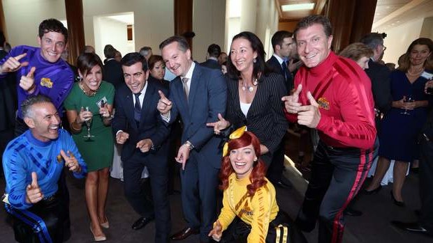The Wiggles pose with Emma Alberici with Senator Sam Dastyari, Chris Bowen and Gai Brodtmann. Photo: Andrew Meares