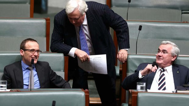 Greens MP Adam Bandt, Palmer United Party leader Clive Palmer and Independent MP Andrew Wilkie during question time. Photo: Alex Ellinghausen