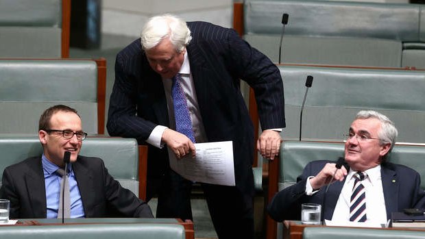 Greens MP Adam Bandt, Palmer United Party leader Clive Palmer and Independent MP Andrew Wilkie during question time. Photo: Alex Ellinghausen