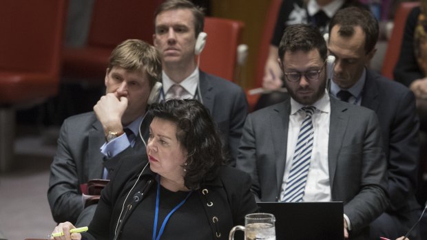 British Ambassador to the United Nations Karen Pierce listens as Russian Ambassador to the United Nations Vassily Nebenzia speaks during a Security Council meeting on the situation between Britain and Russia at UN headquarters. 