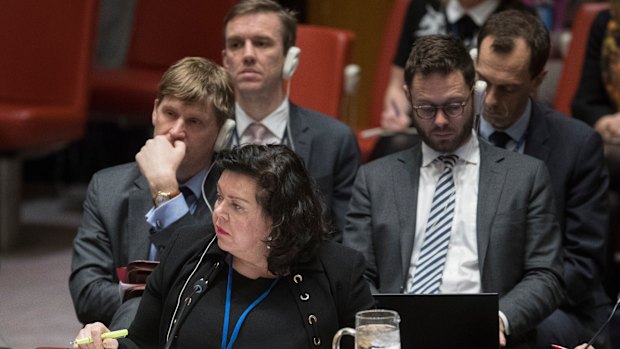 British Ambassador to the United Nations Karen Pierce listens as Russian Ambassador to the United Nations Vassily Nebenzia speaks during a Security Council meeting on the situation between Britain and Russia at UN headquarters. 