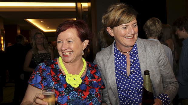 Christine Forster and Virginia Edwards celebrate the Coalition's victory in Sydney on the night of the federal election.