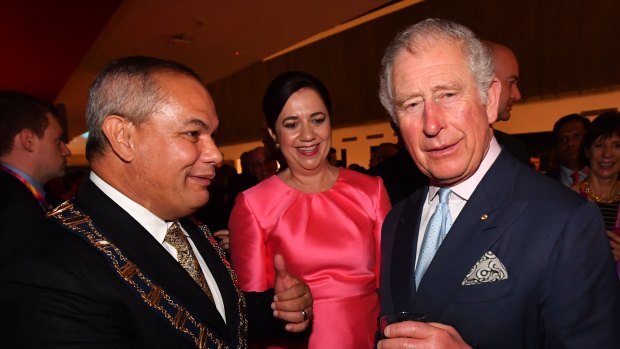 Tom Tate with Queensland Premier Annastacia Palaszczuk and Prince Charles at a welcome to the Games reception ahead of the opening ceremony.