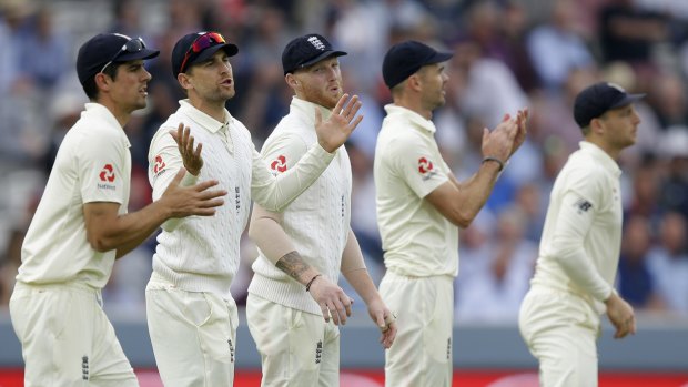 Frustration: England's slips react to a missed chance.