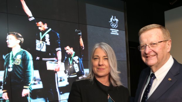 John Coates and Janita Norman at a ceremony for Olympian Peter Norman, who received a posthumous AOC honour.