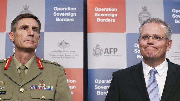 'On-water' matters: General Campbell alongside former immigration minister Scott Morrison in 2014.