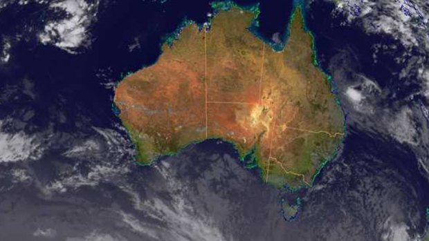 A cloud/surface composite image shows weather conditions over Australia at 3.30 on Monday. Infrared image courtesy of the Japan Meteorological Agency. Blue Marble surface image courtesy of NASA.