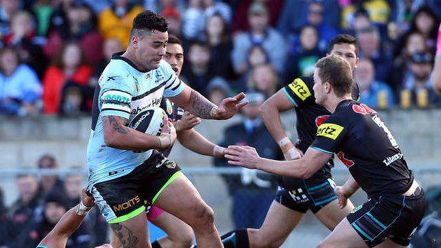 Rampaging: Cronulla prop Andrew Fifita on the charge during the round 20 NRL match against the Penrith Panthers at Carrington Park in Bathurst.