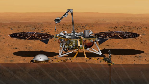 An artist's rendering of the InSight Mars lander studying the interior of Mars. The spacecraft was first scheduled to launch in March 2016.