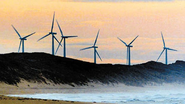 The Codrington wind farm towers along the coastline near Port Fairy. 