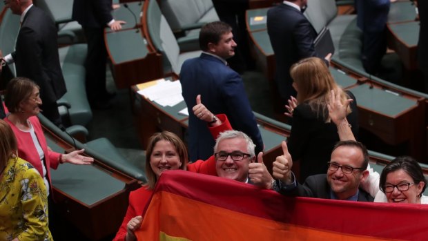 Crossbench MPs Rebekha Sharkie, Andrew Wilkie, Adam Bandt and Cathy McGowan in the House of Representatives after the vote.