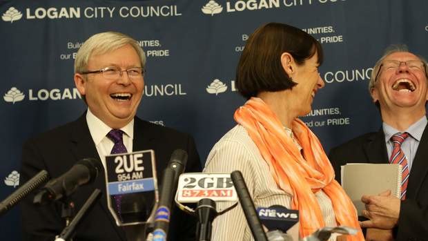 Prime Minister Kevin Rudd and former Queensland premier Peter Beattie with  Heather Beattie in Beenleigh on Thursday.