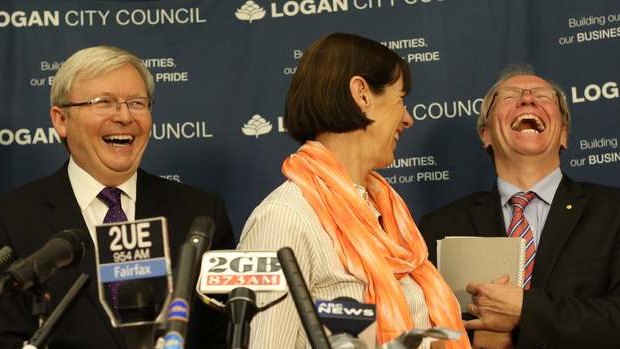 Prime Minister Kevin Rudd and former Queensland premier Peter Beattie with  Heather Beattie in Beenleigh on Thursday.