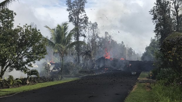 Lava flows in the Leilani Estates subdivision near Pahoa, Hawaii. 