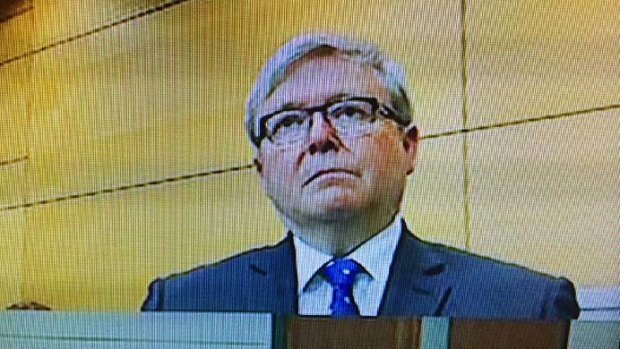 Screen grab of former prime minister Kevin Rudd appearing before the royal commission.