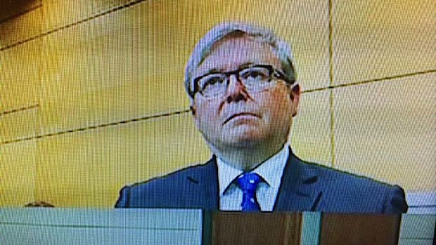 Screen grab of former prime minister Kevin Rudd appearing before the royal commission.