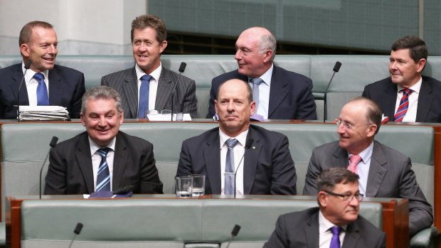 Former prime minister Tony Abbott, former minister Luke Hartsuyker, former deputy prime minister Warren Truss and former minister Kevin Andrews during a division in question time on Tuesday.