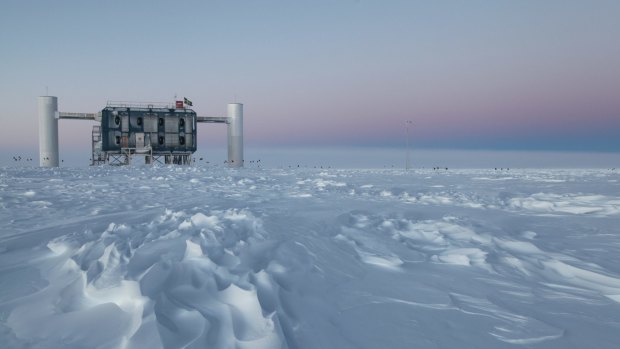 The IceCube observatory, the world's largest neutrino detector, at the Amundsen-Scott South Pole Station in Antarctica. 