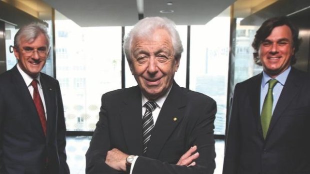 Sir Frank Lowy, centre, with sons Steven, left, and Peter.